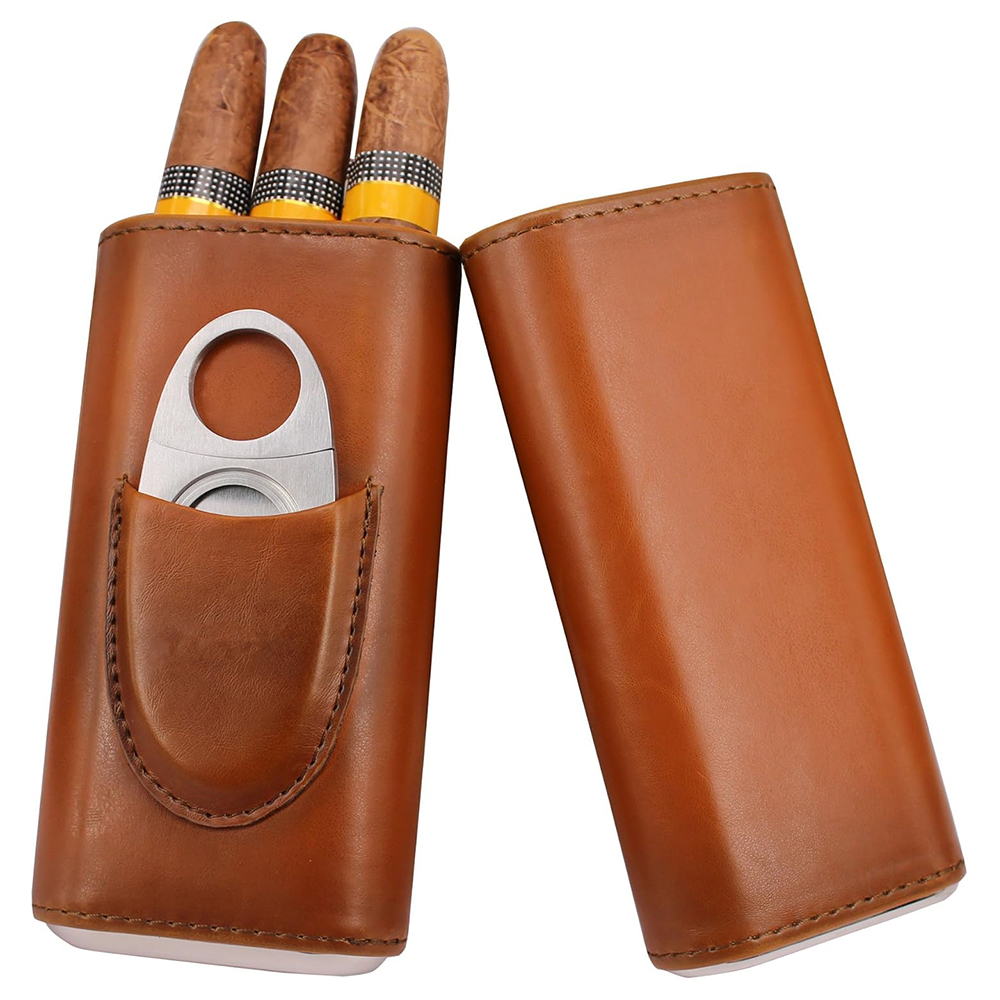 Cigar Cutter Set - LMETJMA 3-Finger Leather Cigar Case with